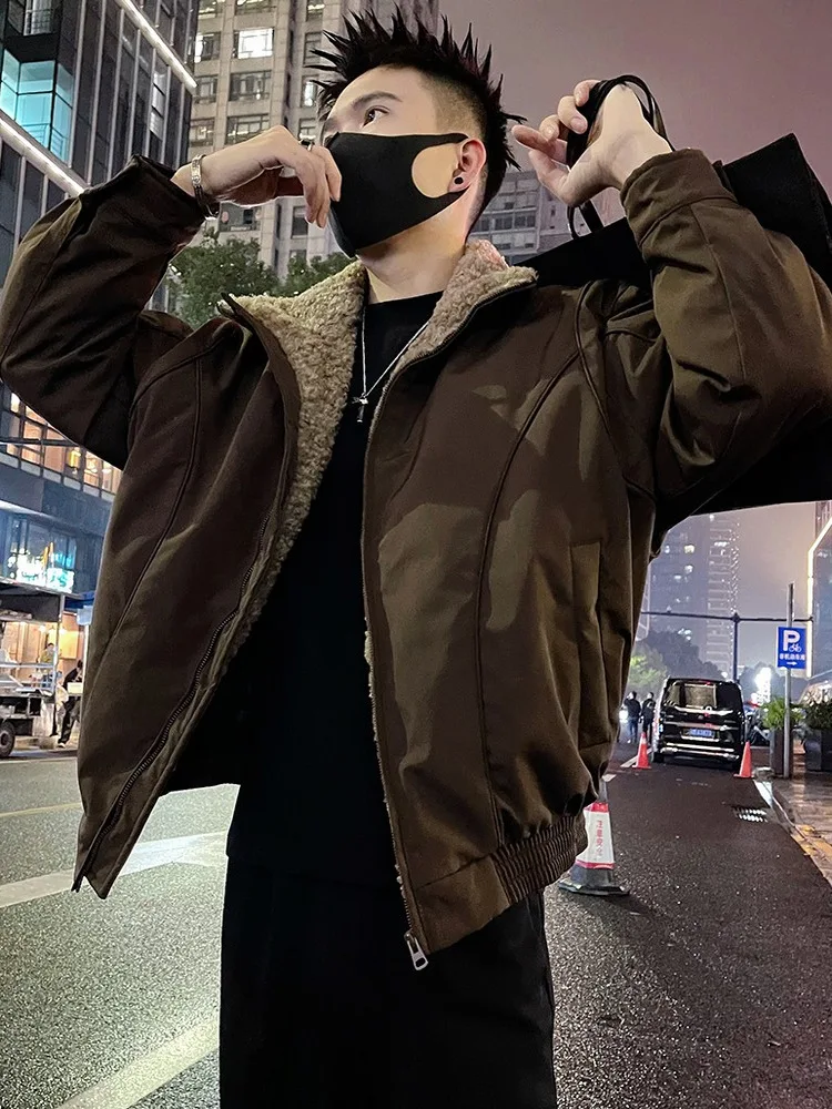 

Men's Winter Thiened Cotton Jaet Lamb Fur ort Deconstructed Design Warmth Cotton Coat Outerwear Cleanfit Sle Casual Wear