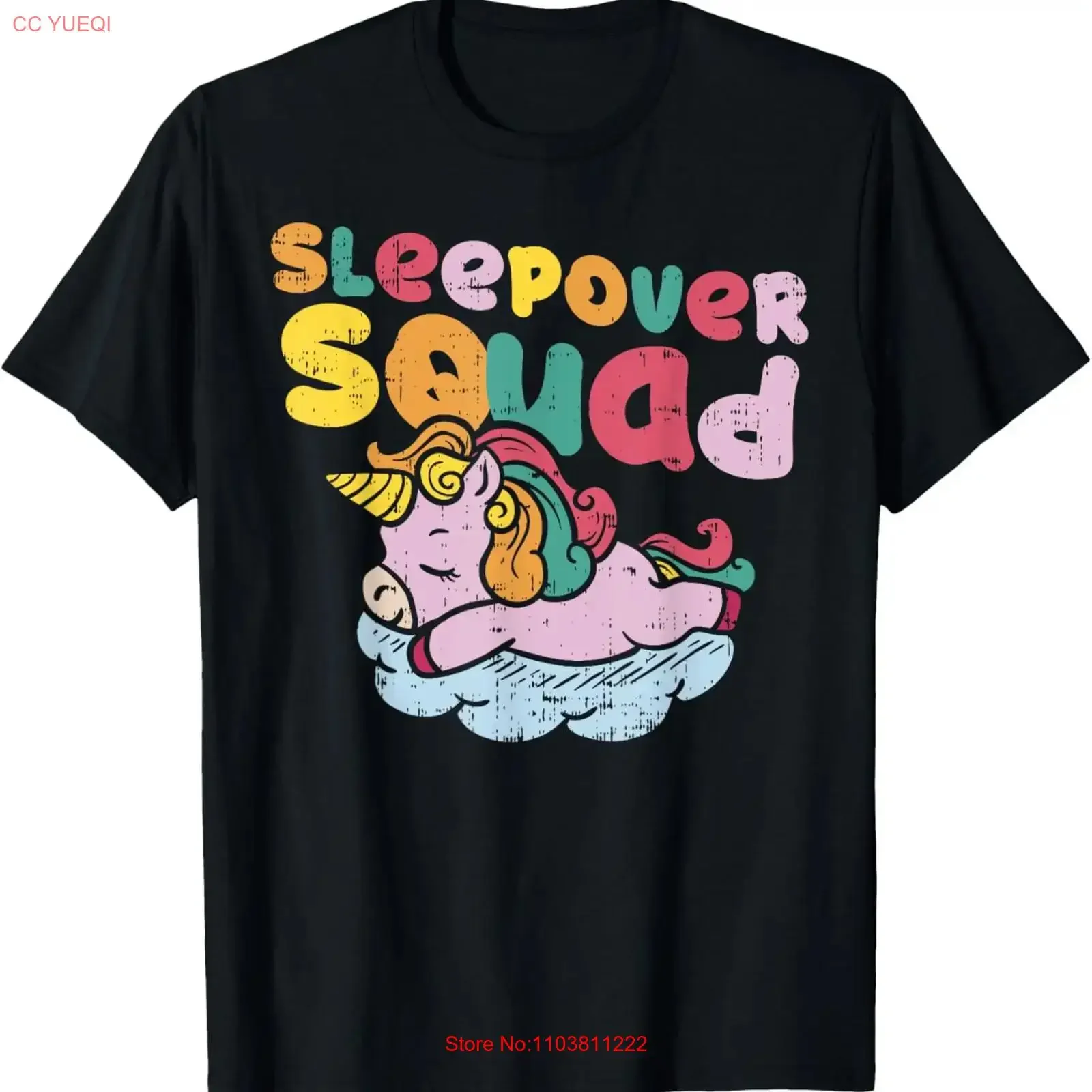 Camiseta Sleepover Squad com estampa de unicórnio arco-íris, pijama, festa do pijama, vintage, lavada, casual, confortável, para uso diário, elegante