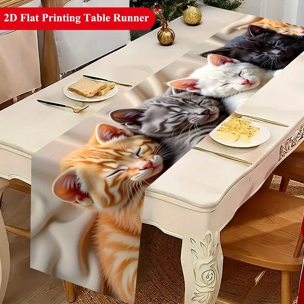 Five Cute Resting Cats Closed Eyes Table Runner - Vibrant Adorable Kitten Motif Decoration for Holiday Kitchen Dining Home Party
