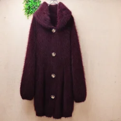 Elegant Fashion Women Mujer Autumn Winter Clothing Hairy Mink Cashmere Knitted Turn-Down Neck Loose Cardigan Angora Sweater Coat