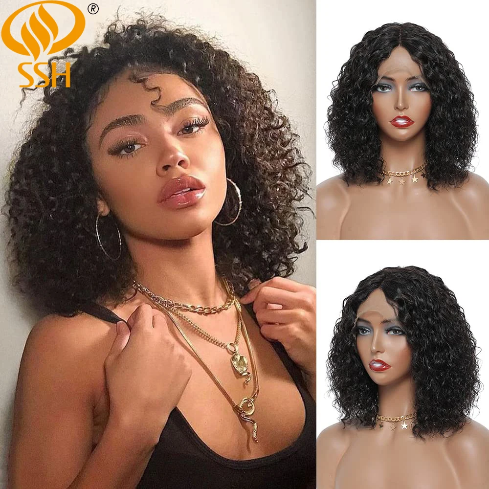 SSH T Lace Part 150% Density Brazilian Remy Short Bob Curly Human Hair Wigs For Black Women middle Part