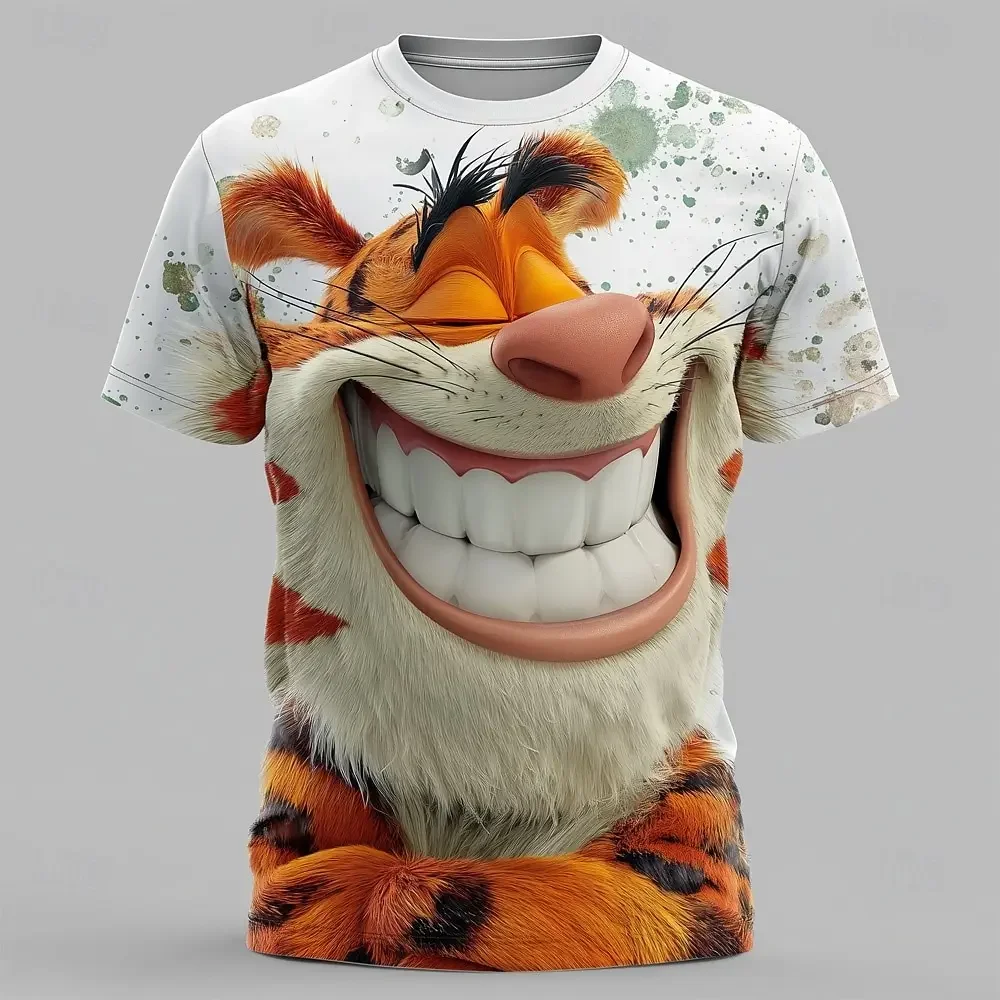 Men Women Smile Tiger 3D Graphic Tee Splash Ink White Base O Neck Short Sleeve Summer Street Fashion Cartoon Animal Casual Top