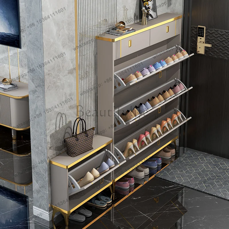 LJY Italian Style Flip Down Shoe Cabinet Ultra Thin with Built in Bench Space Saving Entryway Storage Modern Shoe Rack for Home