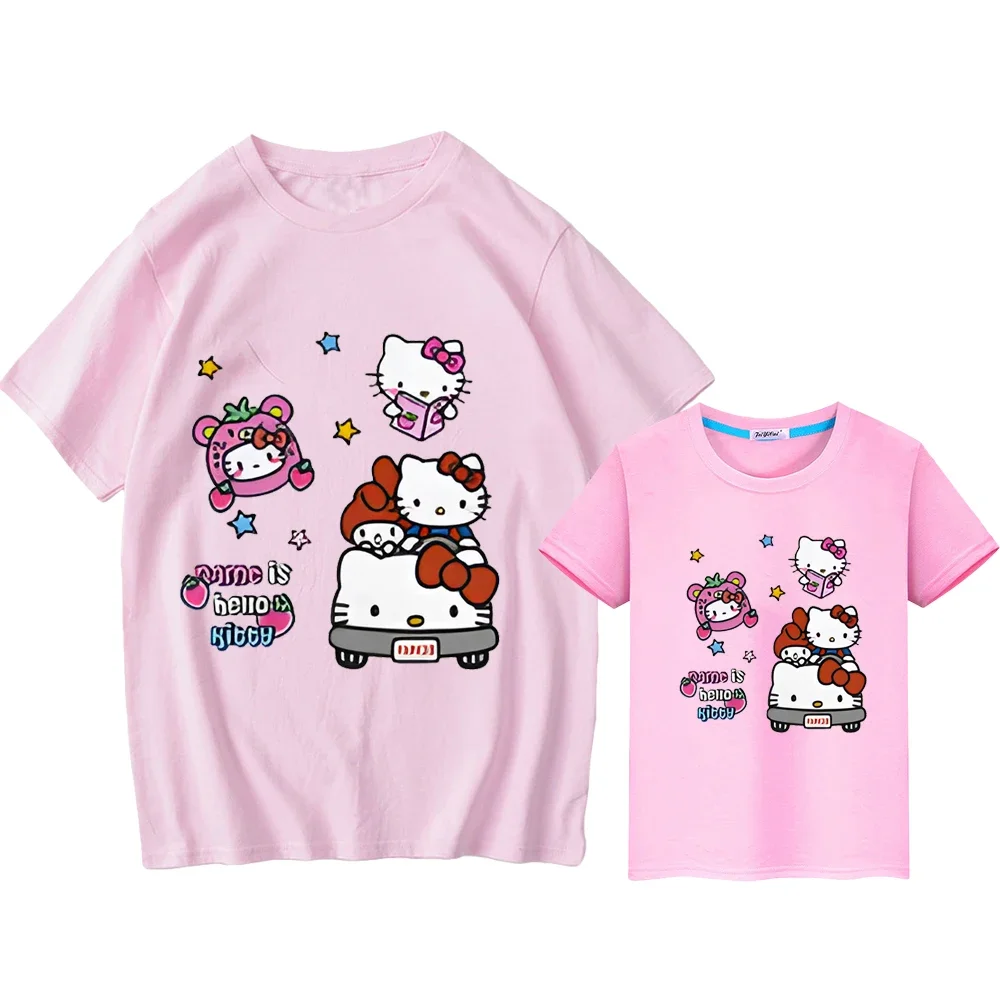 boys girls Print 100%Cotton T-shirt hello kitty mommy and daughter matching clothe Cute Tops  Summer Anime Short y2k kids gift