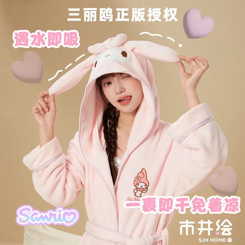 Kawaii Sanrio Hobby My Melody Kuromi Cinnamoroll Household Women\'s Coral Velvet Bathrobe Water-Absorbent Quick-Drying Nightgown