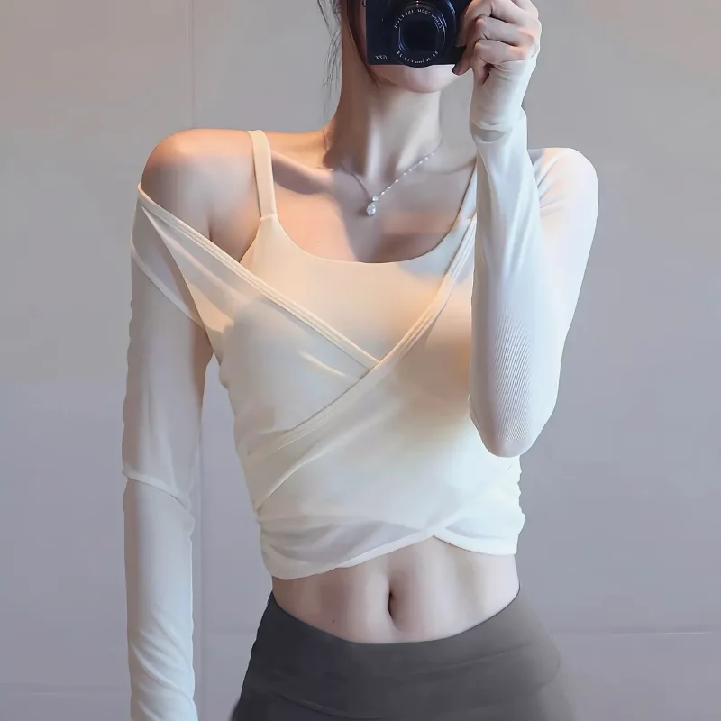 Sweet Design Women's Autumn High Waisted Belly Controlling Long Sleeved Yoga Wear Sports Fitness Mesh Outer Cover Up