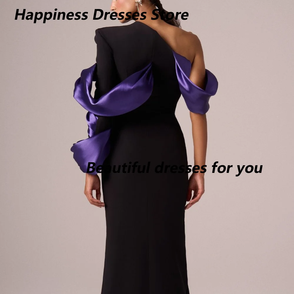 Customized Black Ruffle Sleeve Mother Of The Bride Gown One Shoulder Purple Satin Side Split High Split Mermaid Formal Dress