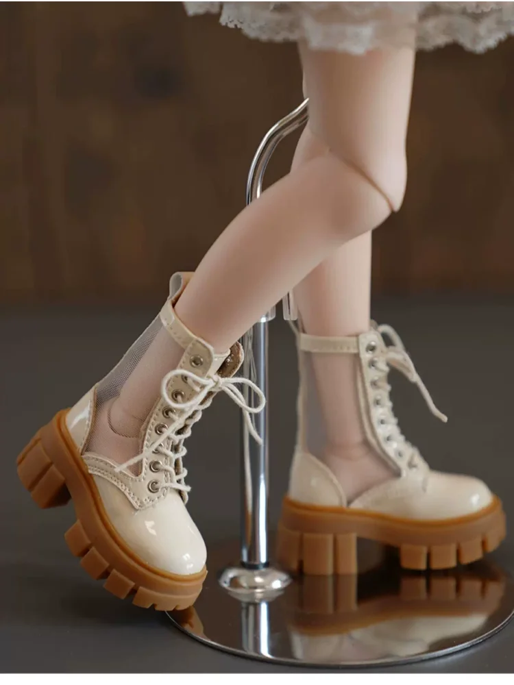 BJD doll shoes for 1/4 doll net fabric pu-leather patchwork boots shoes beige black doll accessories DIY gift