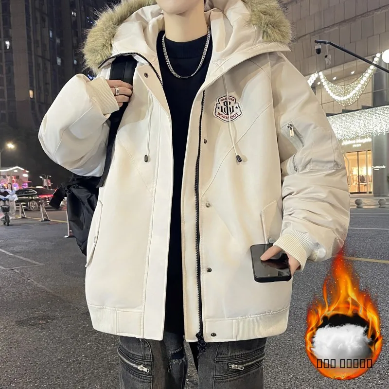 

Зимняя утепленная повседневная хлопковая куртка 2025 года для мужчин и молодежи, свободного кроя, теплая, с капюшоном, на молнии, с боковыми карманами, однотонная