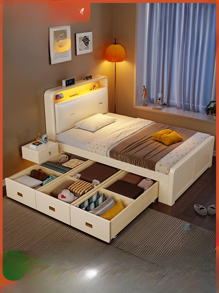 Nordic solid wood bed, cream wind, 1.5m box storage bed, small unit size, 1.35m storage drawer bed