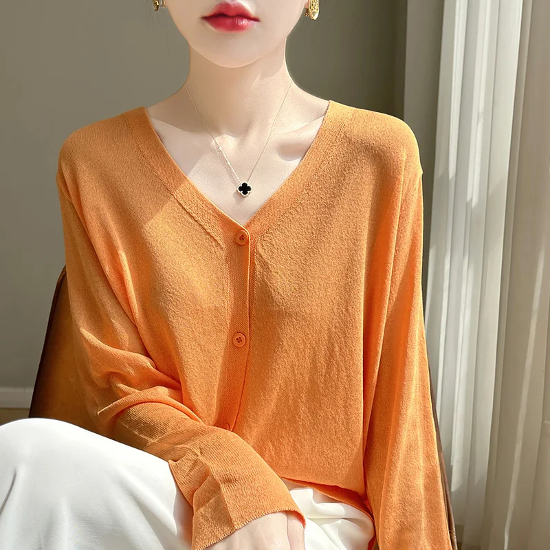 

Women's Cardigans 2025 Thin Summer Single Breasted V-neck Loose Knitted Sweater Fashion Solid Tops Ice Silk Outerwears Jumpers