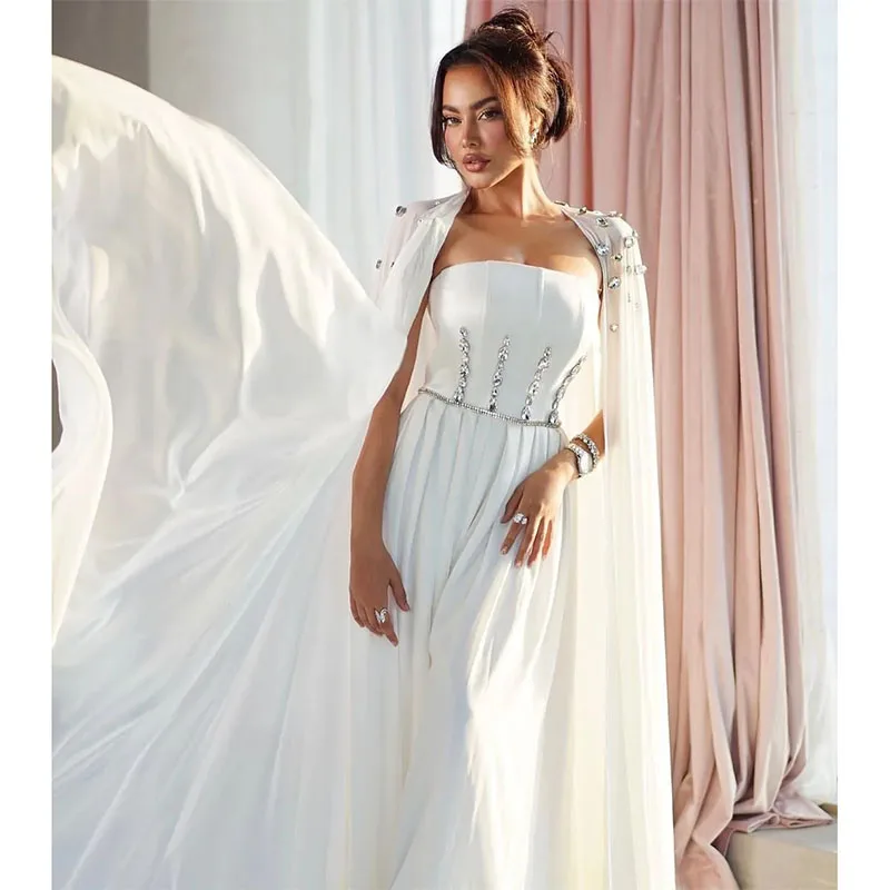 2024 White Chiffon Evening Dresses with Wrap Strapless Crystal A-Line Celebrity Dress Womens Formal Evening Wear