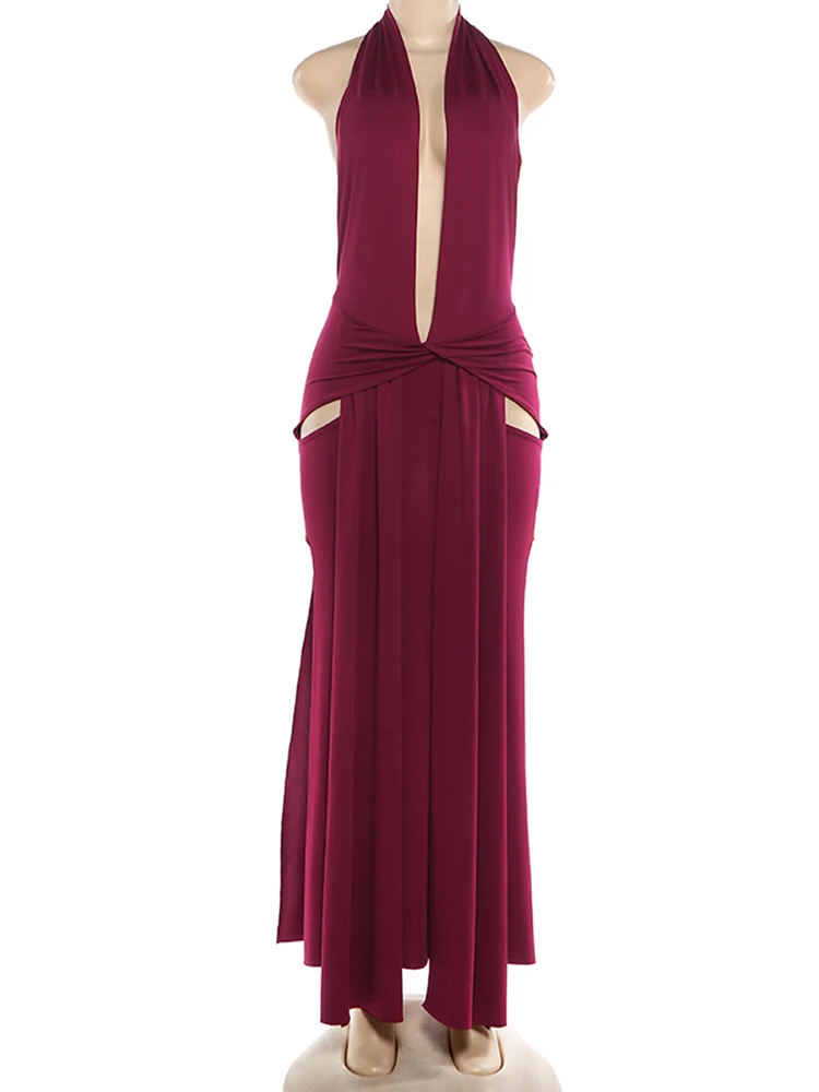 Nibber Dos Nu Robes Longues Femme Sexy Mode Halter Profond V-Cou Froncé Kink Haute Divisages Conception Minuit Club Parti Vestidos