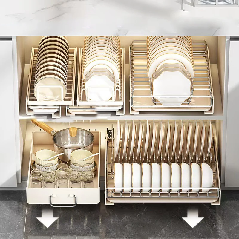 Installation-free stainless steel dish storage shelves,can be used for drawer crockery baskets in kitchen cabinets,sink shelves