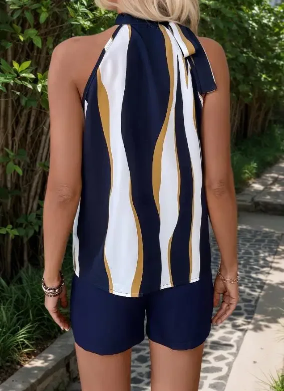 Women's Sleeveless Print Vest & Solid Elegant Double Breasted Suit Shorts Set Temperament Commuting Female Summer Shorts Outfits