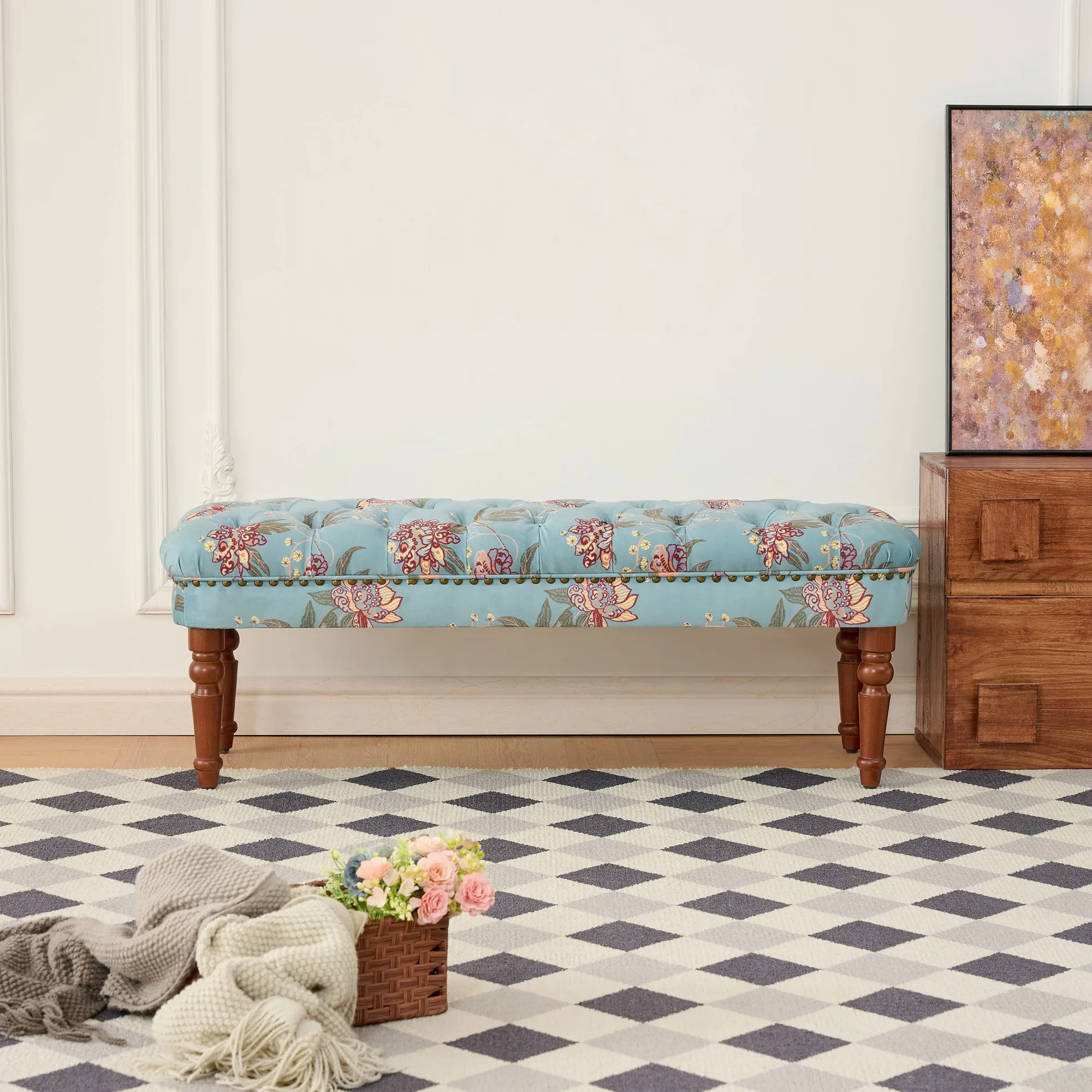 European Style Tufted Floral Bench with Turned Wood Legs American Upholstered Ottoman for Bedroom and Living Space