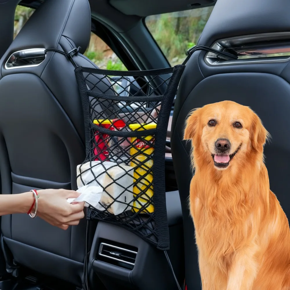 Bolsa de red de almacenamiento para coche entre asientos, barrera para mascotas, organizador de malla, accesorios interiores elásticos, soporte de bolso Universal para coches