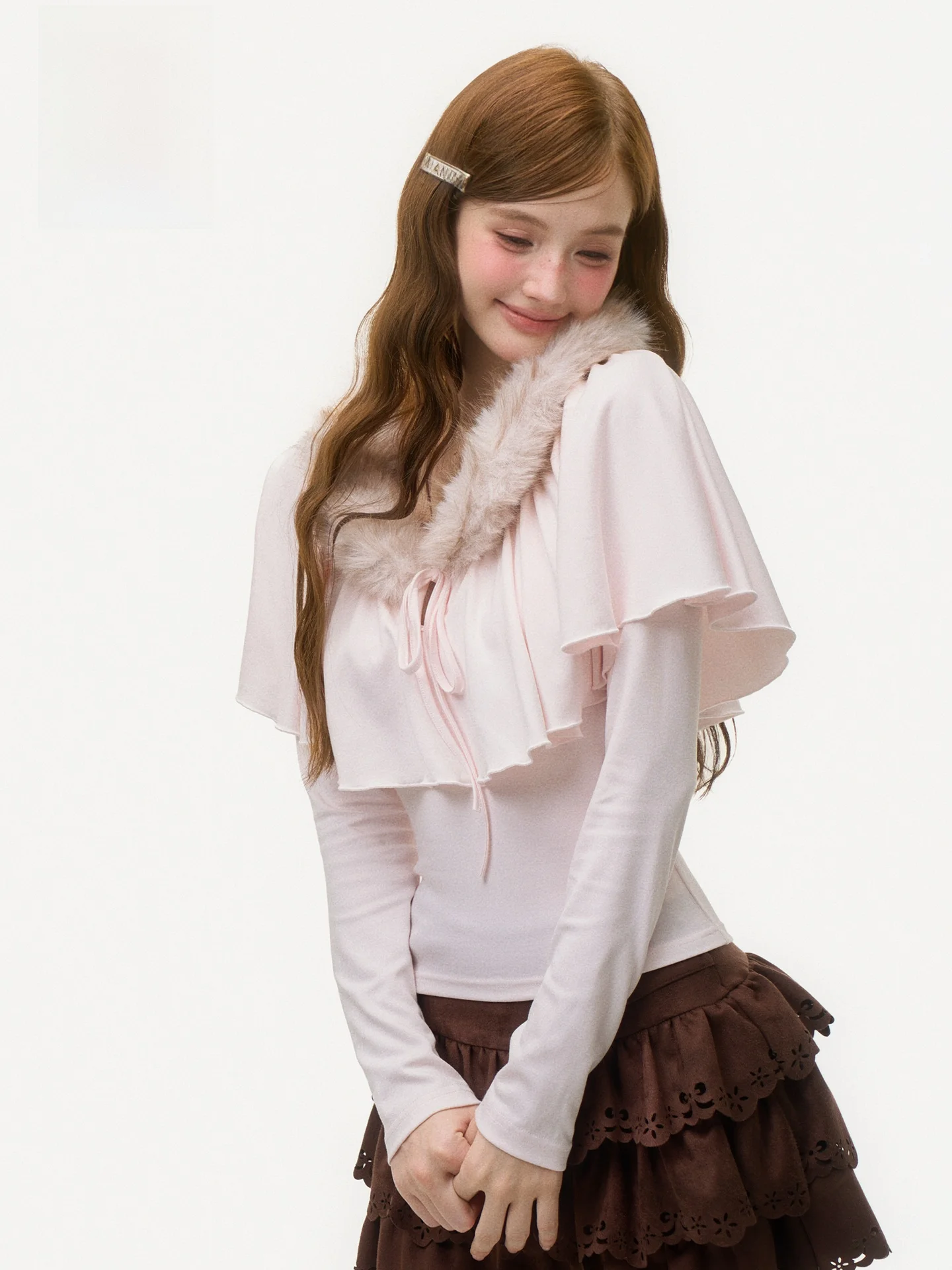 GirlyFancyClub Pink Oversized Hooded Cape Shoulder Wrap Fake Two-Piece Fur Collar Top Vintage Chic Girl Sensation