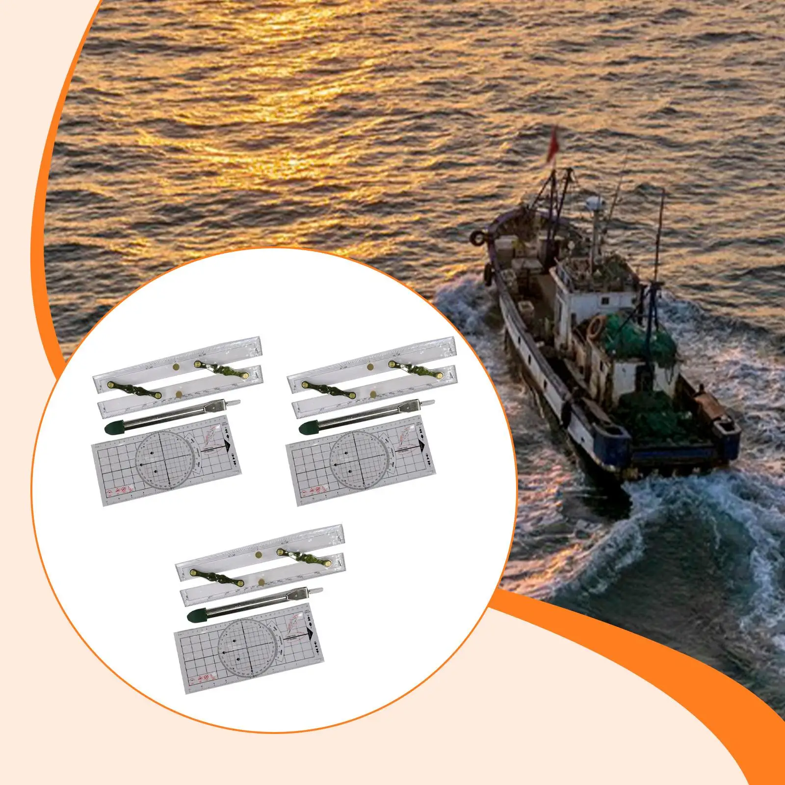 

Набор из 3 базовых навигационных инструментов: морской транспортир, параллельная линейка