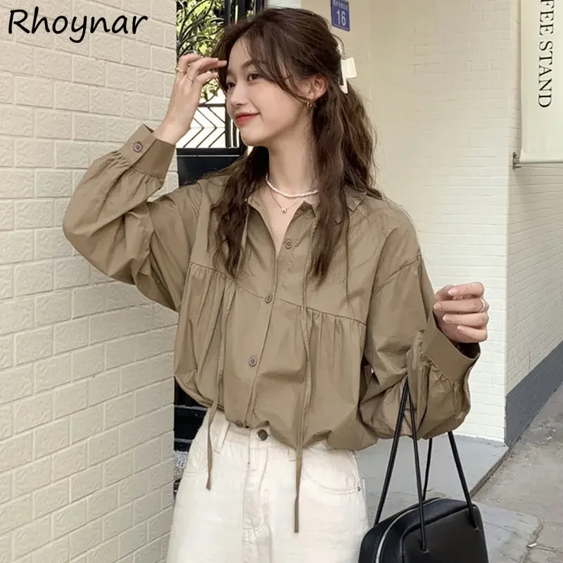 Solid Shirts Women Spring Girls Lace-up Pleated Simple Loose Tops French Fashion Designed Ulzzang Retro Fungus Side Collar Chic