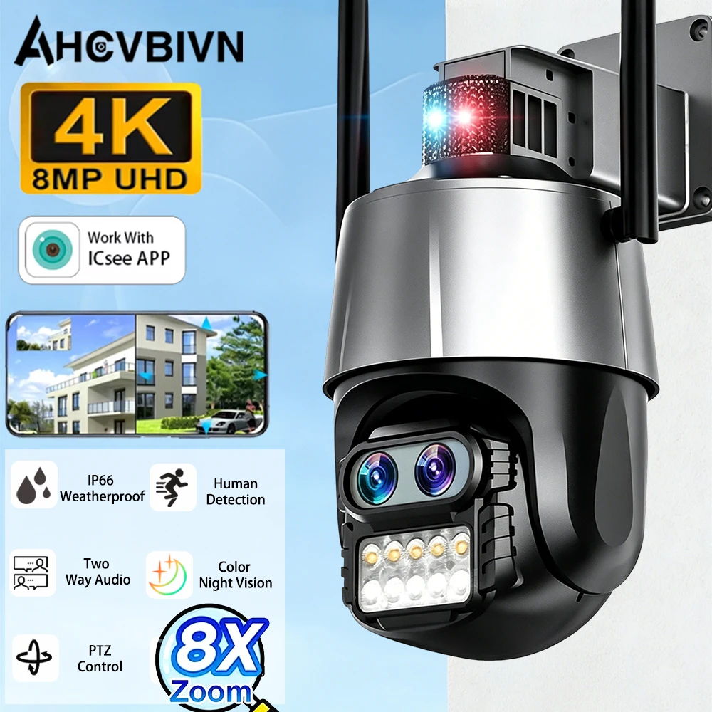 

8MP HD Outdoor Security Camera with 8X Zoom Dual Lens Dual Screen AI Tracking PTZ Color Night Vision Surveillance Protection