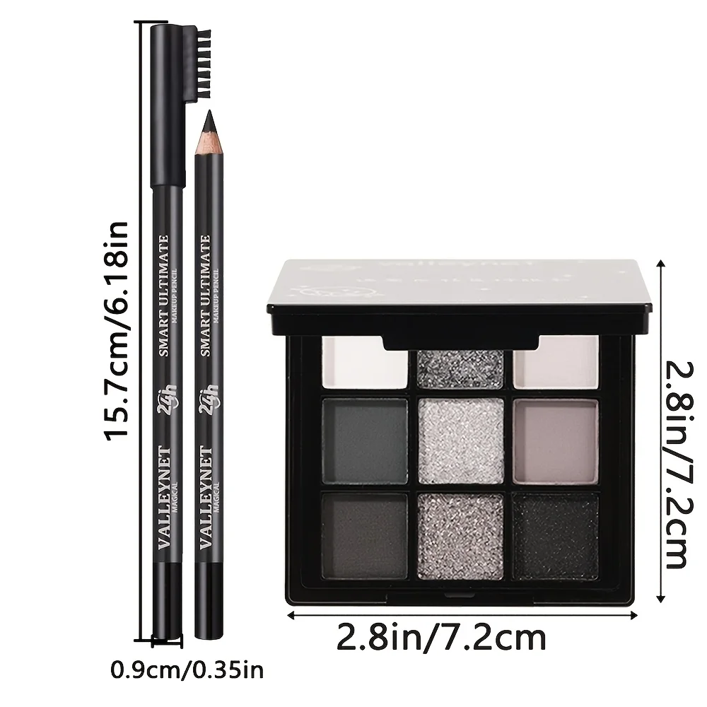 2pcs Black Eye Makeup Set:Eyebrow Pen with Brush&9-Color Eyeshadow,Matte/Metallic/Shimmery, Waterproof,Natural Daily&Punk Looks