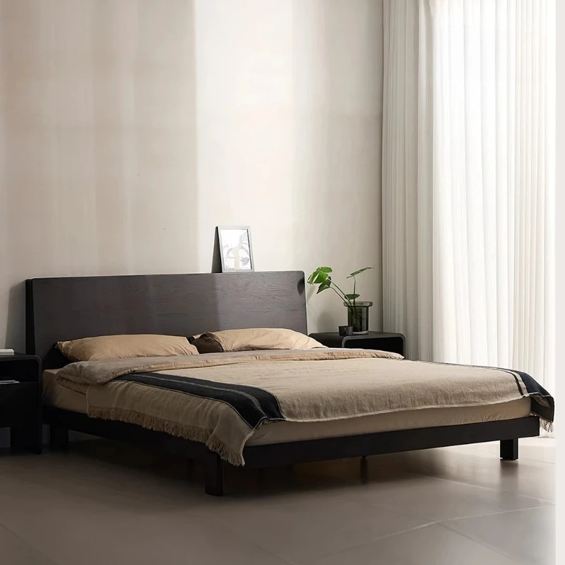 Black solid wood bed master bedroom furniture simple retro 1.8 meters double bed small apartment large board bed