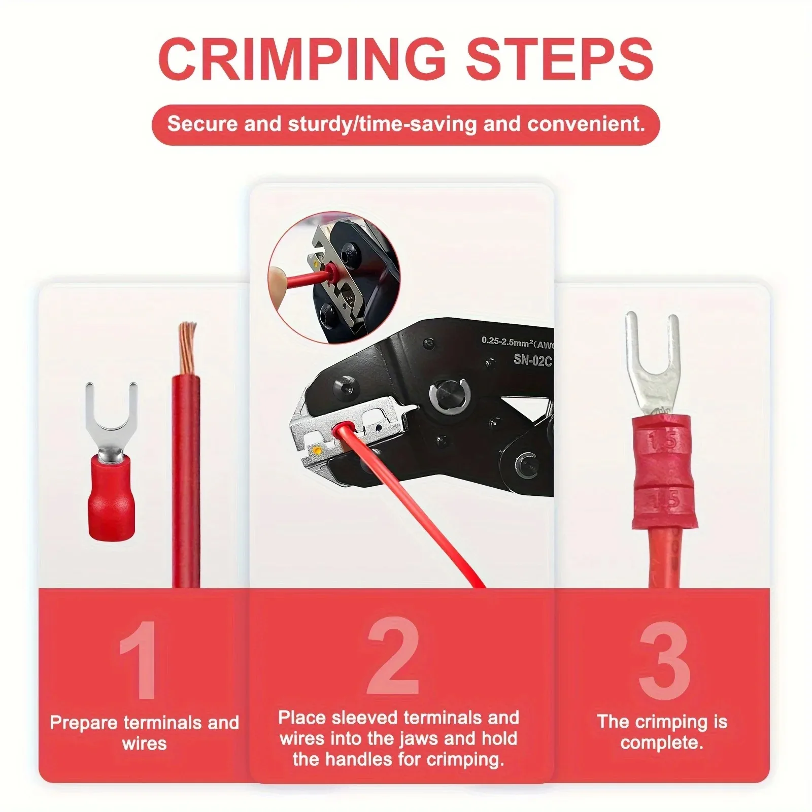 SN02C Verschiedene Spatenklemmen, isolierter Kabelverbinder, elektrischer Draht, Crimp-Stoßring, Gabel-Set, Ringösen, gerolltes Crimpwerkzeug – Detail 3