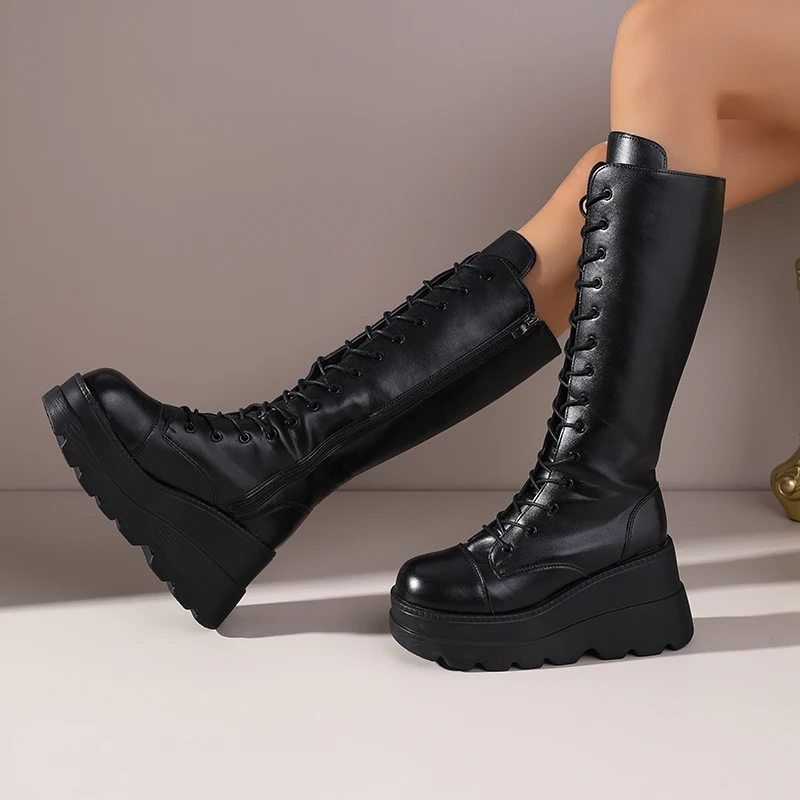 ​ ​ 2025 가을 겨울 신상 여성용 블랙 레이스업 니하이 라이딩 부츠 - 플랫폼 힐 승마 부츠 다리 슬림 효과 롱부츠