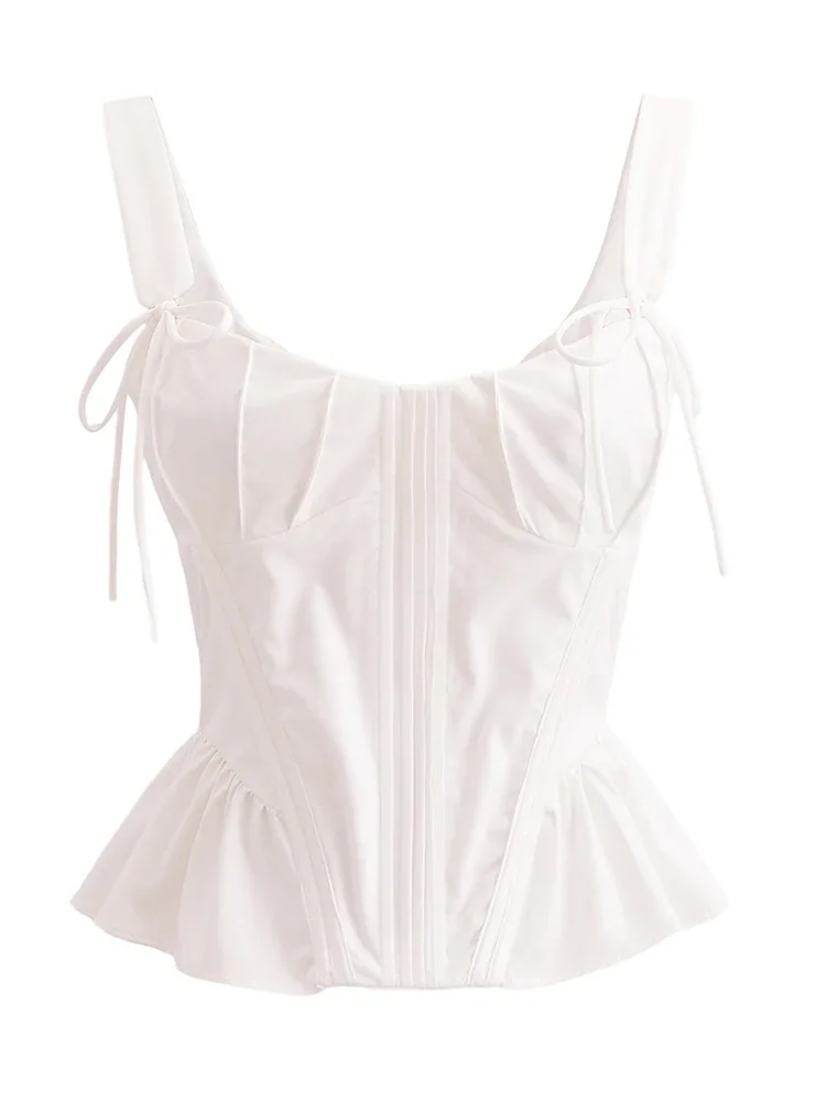 

Summer New Fashion Sweet Women Square Collar Tank Top Sexy Backless Chic Fish Bone Cropped Tops