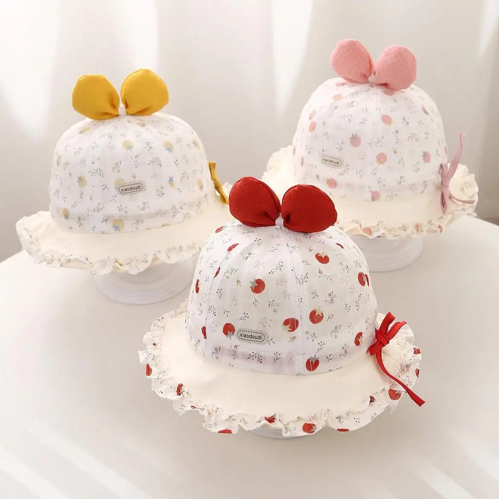 Süßer Blumenmuster-Bucket-Hat für Babymädchen, Niedliche Schleife Kinder-Fischerhut, Rüschenrand Sonnenschutz-Baskenmütze für Kinder