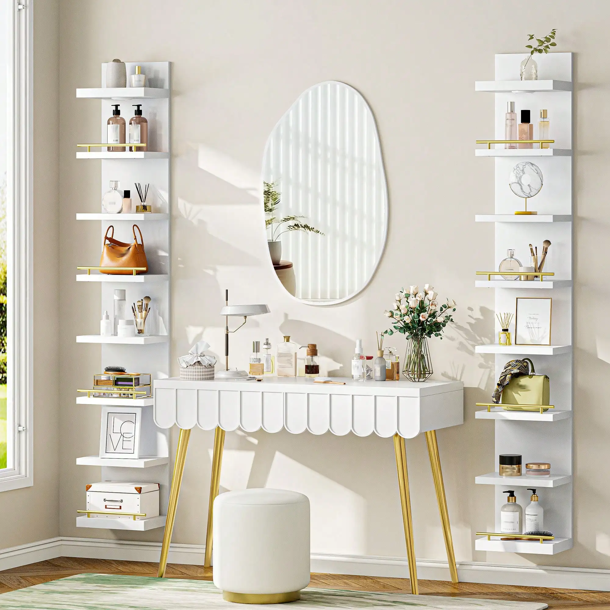 8-Tier White Wall Mounted Floating Display Shelf with Remote Control LED Lights, Multi-Layer Storage Organizer for Bedroom, Living Room & Vanity Decor