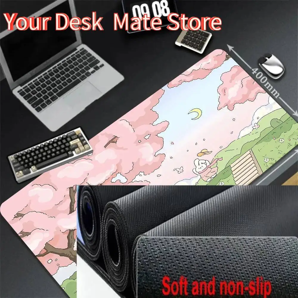 XXL-Tastatur-Tischmatte, Schreibtischunterlagen, PC-Mauspad, 900 x 400 mm, Gummi-Mauspads, rosa süßer Baum, Mauspad, Kawaii-Kaninchen-Cartoon-Laptop-Teppich
