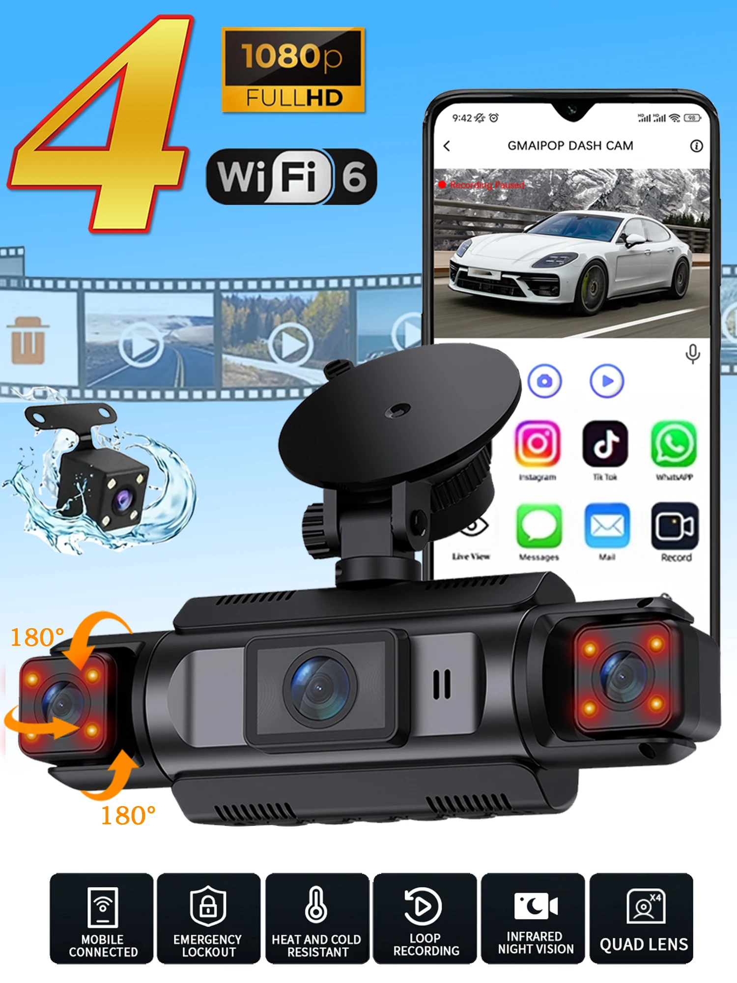 4Ch WiFi Dashcam auto camera Black Box Rijden DVR FHD 1080P Links Rechts Achter Nachtzicht Loop Recording Hardwire kit - afbeelding 2