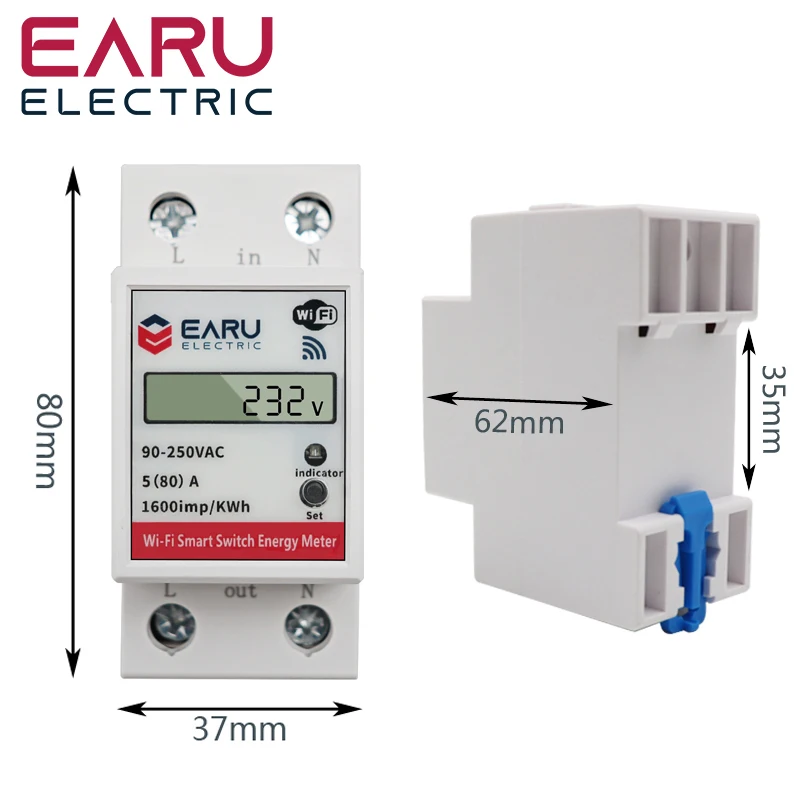 WiFi Smart Power Energy Meter consumo kWh voltmetro 90-250V interruttore di controllo remoto su guida Din Smart Life Tuya Alexa Google Home