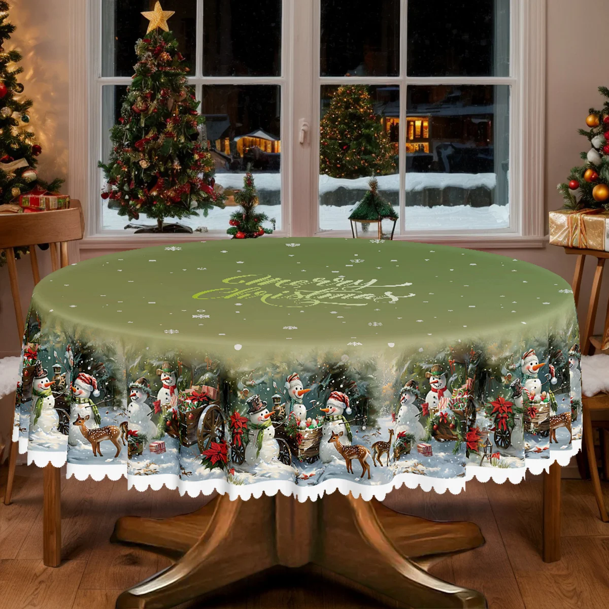 Pack of 1, Christmas and New Year themed tablecloth, Christmas tree reindeer snowman winter snow tablecloth