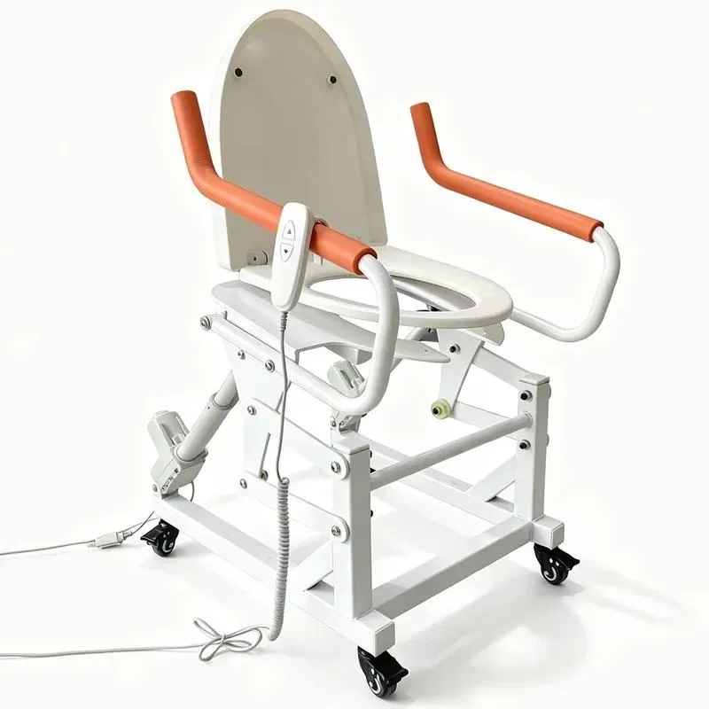 Electric Lift Toilet Chair with Orange Armrests Lockable Casters for Elderly Disabled Pregnant Women Family Bathroom Care