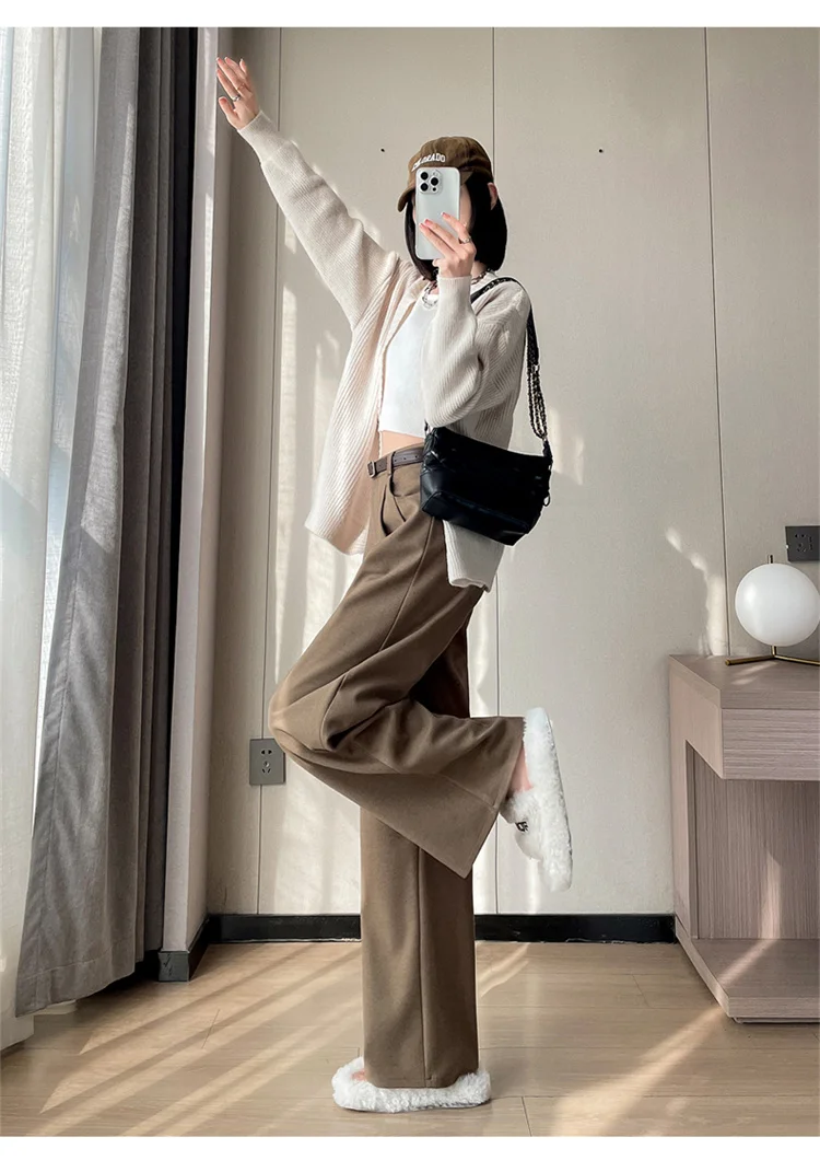 2023 Autumn and Winter New Wool Blended Wide-Leg Pants Straight Mopping Pants High Waist Slim Lengthened Casual Pants for Women