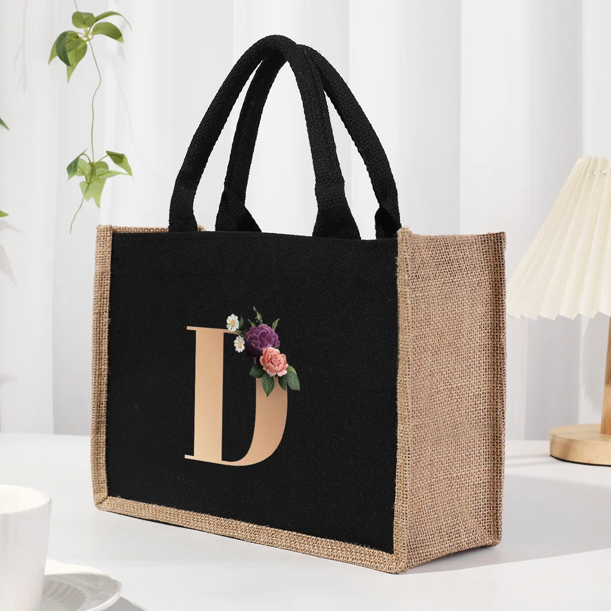 Bolso de lona de lino con parche negro con letras doradas, impermeable Interior, bolsa de almacenamiento para ir al trabajo de gran capacidad