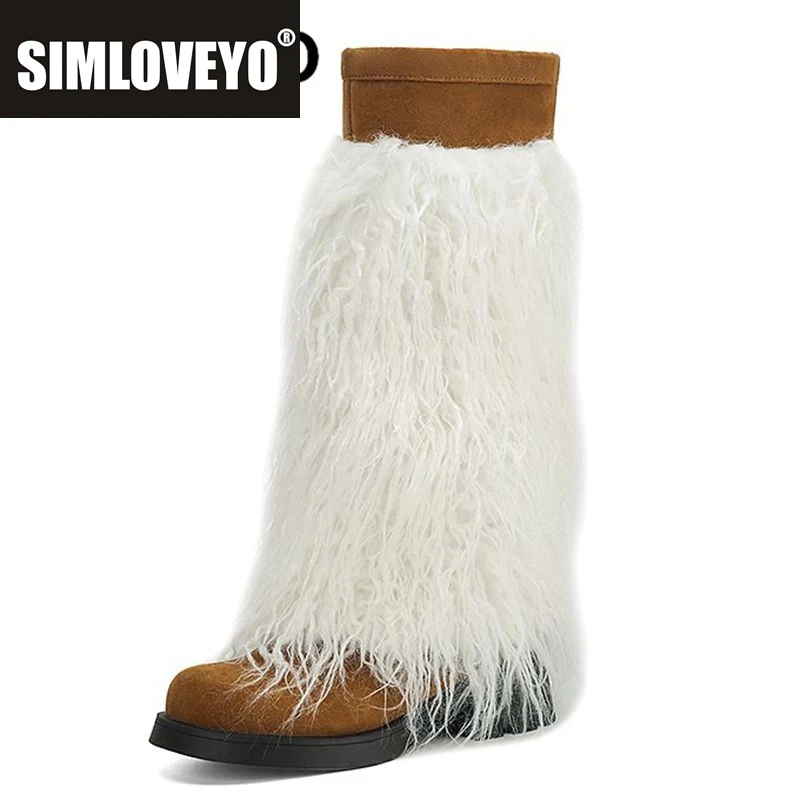 

SIMLOVEYO 2024 New Fashion Winter Knee High Boots Round Toe Block Heels 4.5cm Mixed Color Plus Size 41 42 43 Warm Winter Booties