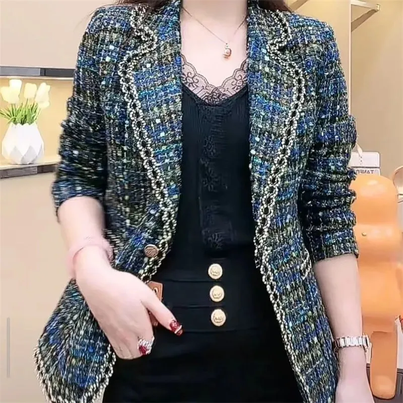 Casaco feminino de lã de tweed, jaqueta feminina, tops finos, azul e preto, casaco casual, moda primavera e outono