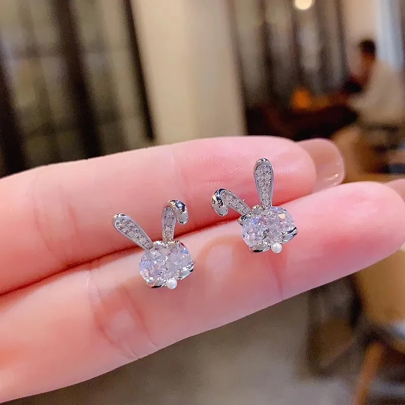 Huitan Chic Rabbit Ears Shaped Stud Earrings for Women Dainty Cubic Zirconia Earrings Exquisite Party Gift New Trendy Jewelry
