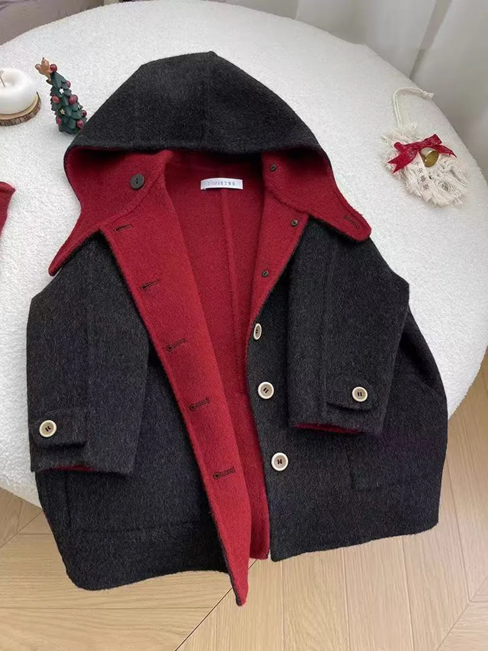 2025 New Autumn And Winter Girls' Woolen Coat New Children's Black Double sided Woolen Coat Children's Hooded Thickened Coat