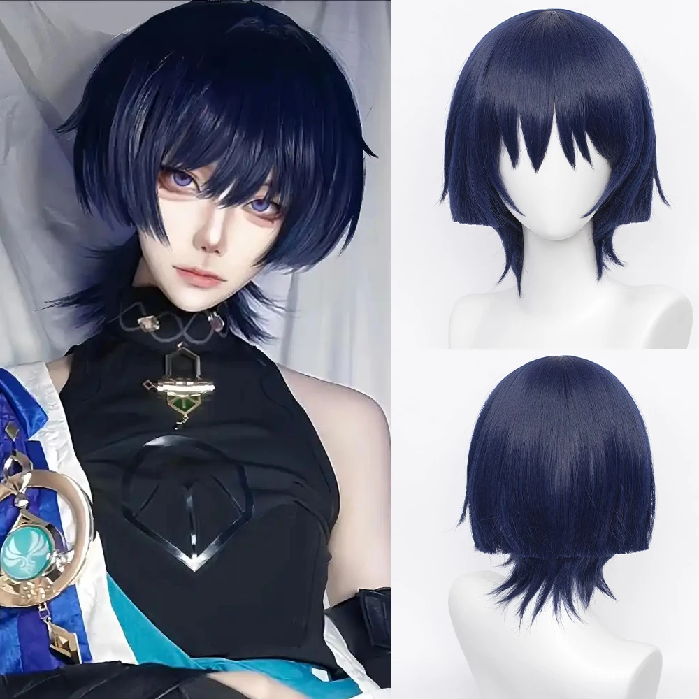 

RANYU Genshin Impact Scaramouche Cosplay Wigs Anime Game Short Blue Synthetic Straight Heat Resistant for Daily Party