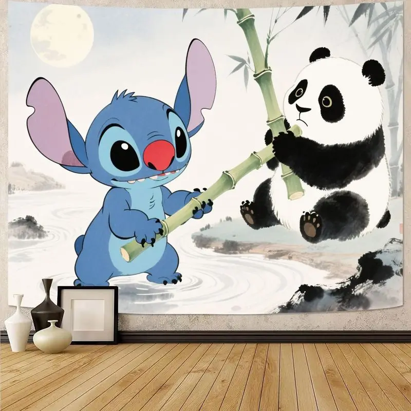 

1PC Cartoon Stitch and Panda Tapestry Cute Polyester Wall Hanging Home Decor Ideal for Kids' Room and Nursery Decor