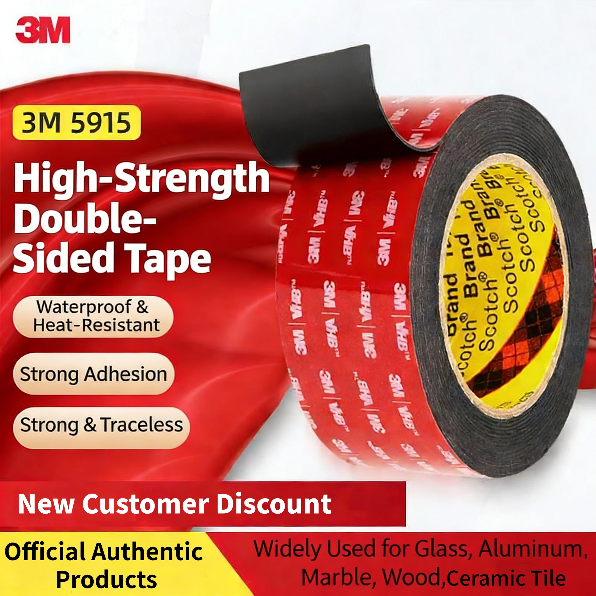 3M 5915 Double Sided Tape Adhesive Strong Traceless VHB Tape High Viscosity Black Car Special Fixed Sticky Tape High-Temperature