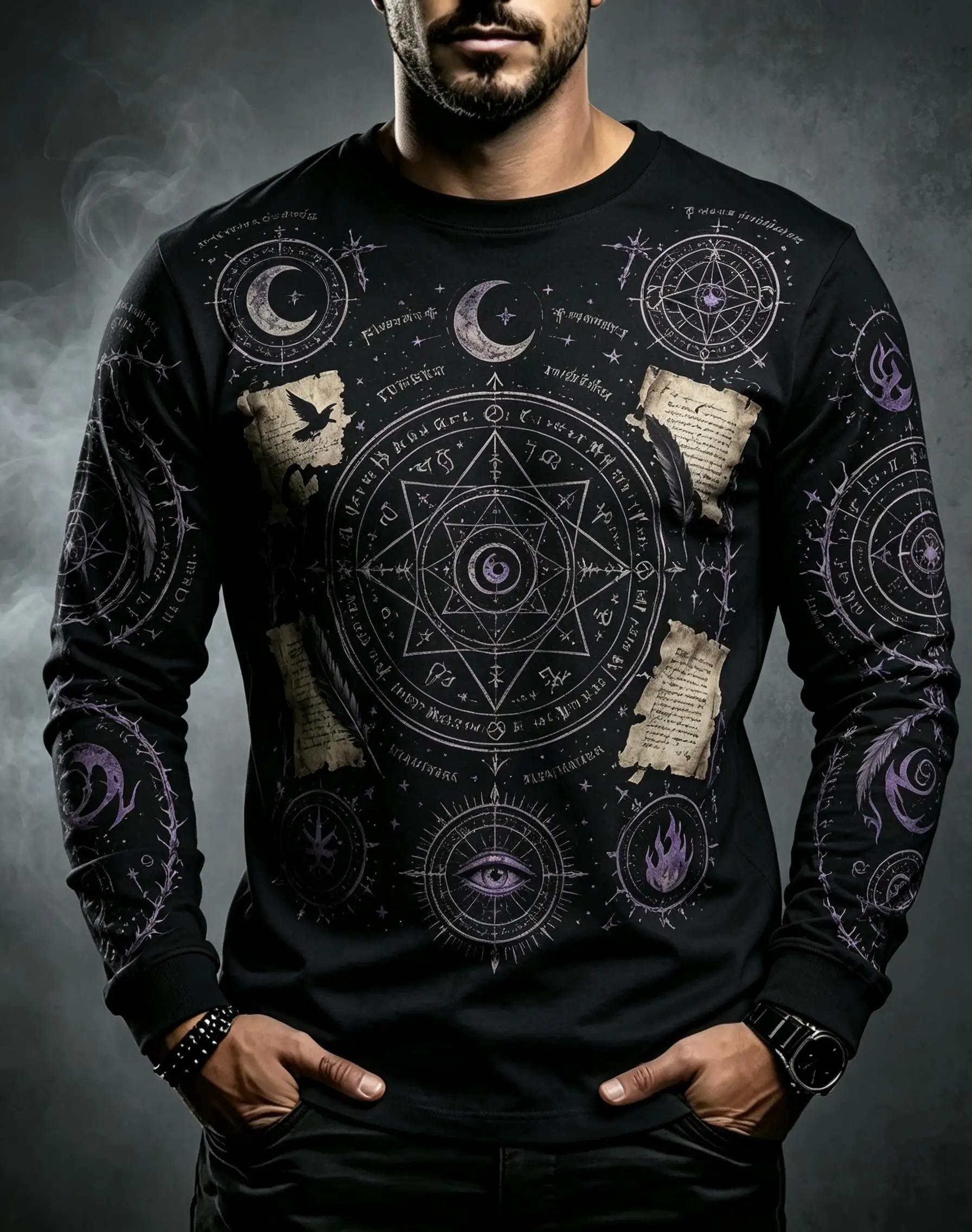 Men Occult Style Long Sleeve Tee, Witchcraft Symbol Moon Eye Star Vintage Paper Allover Print Casual Shirt