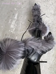 Gray Black Plush Tassel Pointed Boots Women Black Leather Cross Straps Winter Calf Booties Ankle Feathers Shoes Spring Brown Fur