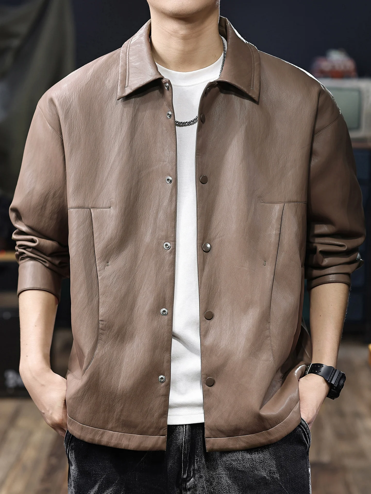 

Men's Casual American Sle Loose Fit PU Leather Jaet irt Coat Warm Thiened Autumn New Faion Brand DUNMAAG