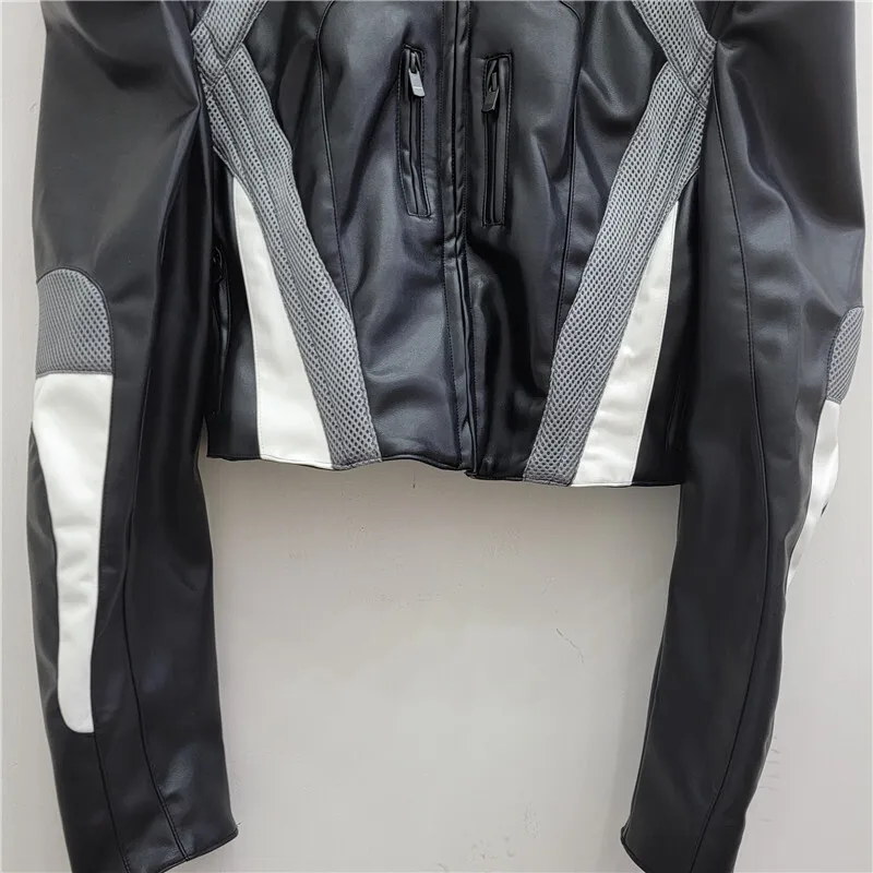 [Ewq] streetwear legal menina retalhos design manga longa zíper jaqueta de couro do plutônio moto feminino casaco de camurça 2024 outono novo 16o3086